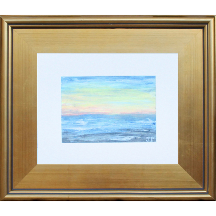 Beach Sunset – Abstract coastal painting in gray, white, blue, yellow, and red, matted with optional gold plein air frame, measuring 13 x 15 inches framed.