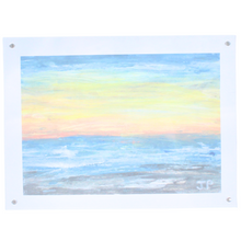 Load image into Gallery viewer, An abstract beach landscape painting on paper. Framed in an acrylic frame. The art has shades of blue, gray, white, yellow, and orange. It is initialed by the artist JP on the front.
