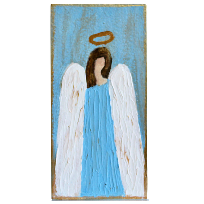 Blue Angel is an original hand painted angel shelf sitter. This angel is wearing a blue dress and has white wings with some gold. She has brown hair a gold halo and is on a blue and gold background. The edges of the art are outlined in gold.