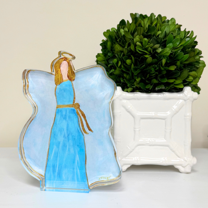 Freestanding acrylic block featuring a blue, white, and gold angel painting with a 3D effect, designed by Jeanne Player Fine Art.