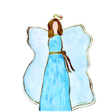 Load image into Gallery viewer, The free standing blue angel acrylic block cut out is a silhouette in acrylic. This angel has a blue dress, with a gold sash, gold halo, white wings and is outlined in gold.
