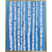 Load image into Gallery viewer, Modern Birch Tree mixed media artwork on canvas. There is a blue backround with white, tan, gray and black birch trees. This painting is in a gold float frame. It is a vertical painting.
