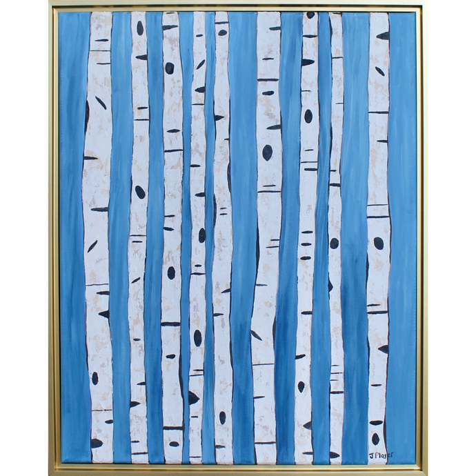 Modern Birch Tree mixed media artwork on canvas. There is a blue backround with white, tan, gray and black birch trees. This painting is in a gold float frame. It is a vertical painting.