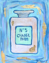 Load image into Gallery viewer, Colorful Abstract Painting with Chanel No 5 perfume bottle. This vertical art has shades of blue, green, gold  and purple with gold leaf. It is a pop art style painting.
