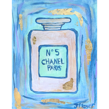 Load image into Gallery viewer, Colorful Abstract Painting with Chanel No 5 perfume bottle. This vertical art has shades of blue, green, gold and purple with gold leaf. It is a pop art style painting.
