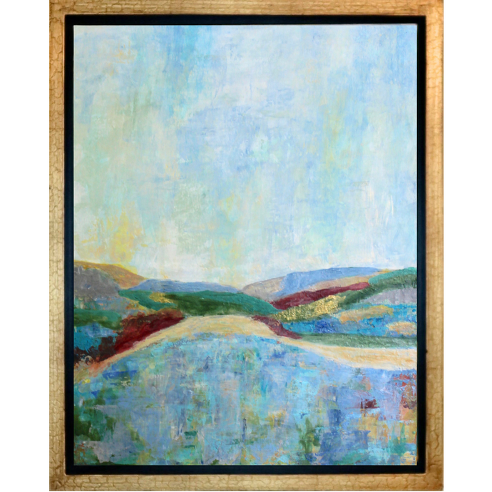 A vertical abstract landscape painting on canvas. This coastal inspired seascappe has shades of blue, green, red, gold, yelllow, tan and brown. It is in a gold float frame