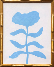 Load image into Gallery viewer, Original blue floral painting on canvas with a blush pink background in a gold bamboo frame. Modern Botanical art
