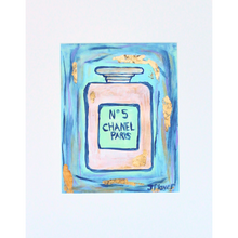 Load image into Gallery viewer, Blue chanel no 5 is an abstract mixed media painting on paper with gold leaf.
