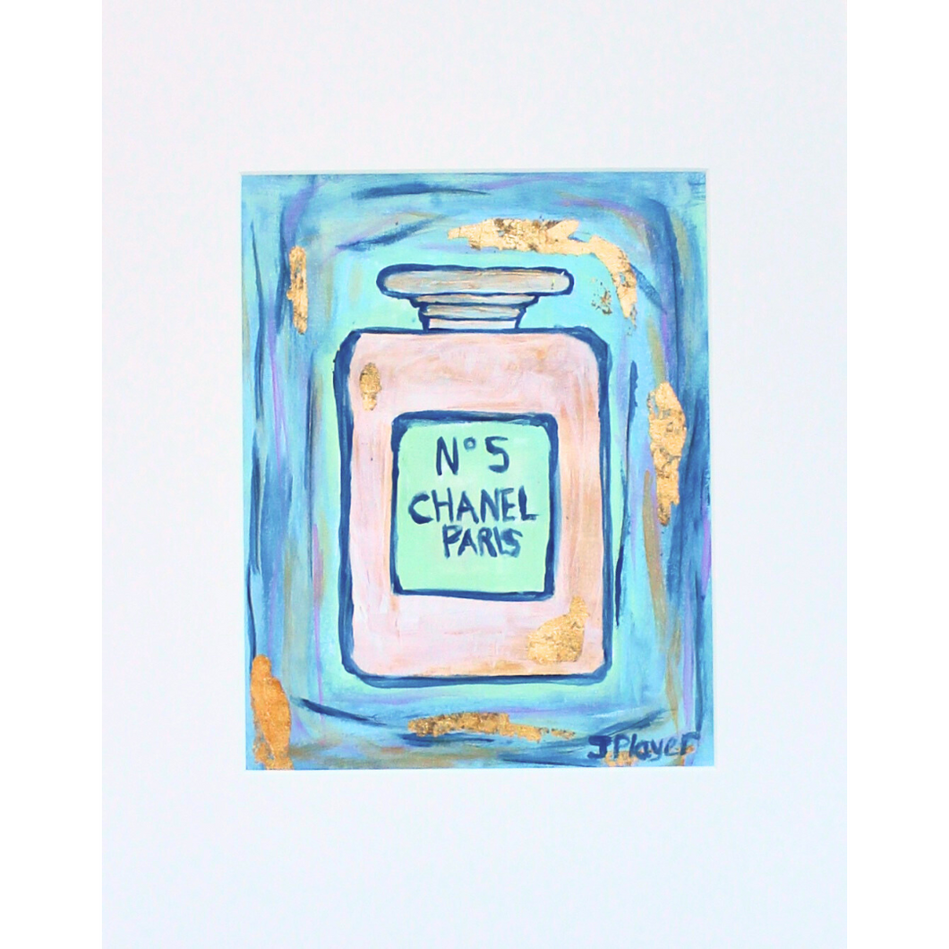 Blue chanel no 5 is an abstract mixed media painting on paper with gold leaf.