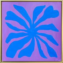 Load image into Gallery viewer, This is a bold and preppy seaweed art design on canvas. This painting has shades of blue on a fuchsia background. It is a square piece of art and is in a gold float frame.

