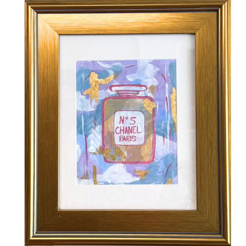 This is an abstract artwork on paper. It is a painting of a chanel perfume bottle in shades of purple, blue, white, gold and pink. It also has gold leaf. It is shown in a gold plein aire frame.