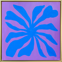 Load image into Gallery viewer, Square Modern Art on canvas. This painting has an abstract blue seaweed design on a fuchsia background. it is in a gold float frame and measrues 24 x 24 inches.
