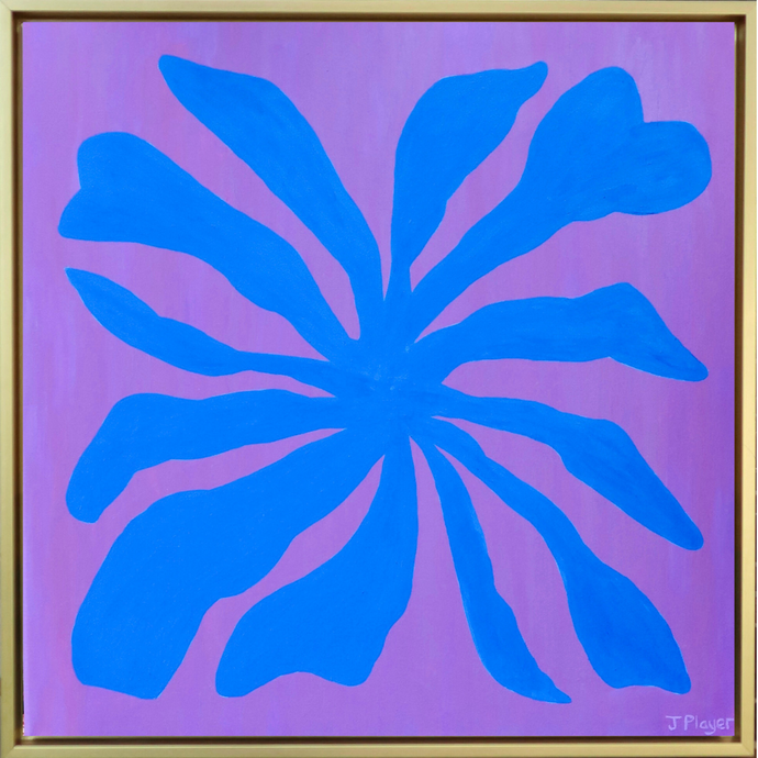 This is a bold and preppy seaweed art design on canvas. This painting has shades of blue on a fuchsia background. It is a square piece of art and is in a gold float frame.