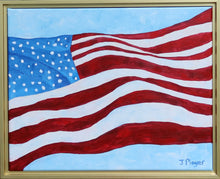 Load image into Gallery viewer, Old Glory is a modern pop art painting on canvas. This abstract flag painting feaures the US flag waving in the air. It has shades of blue, white and red. And is signed by the artist on the front.  It is horizontal and comes in a gold float frame. 
