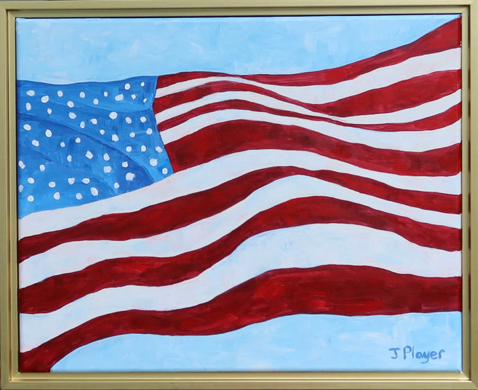 Old Glory is a modern pop art painting on canvas. This abstract flag painting feaures the US flag waving in the air. It has shades of blue, white and red. And is signed by the artist on the front.  It is horizontal and comes in a gold float frame. 
