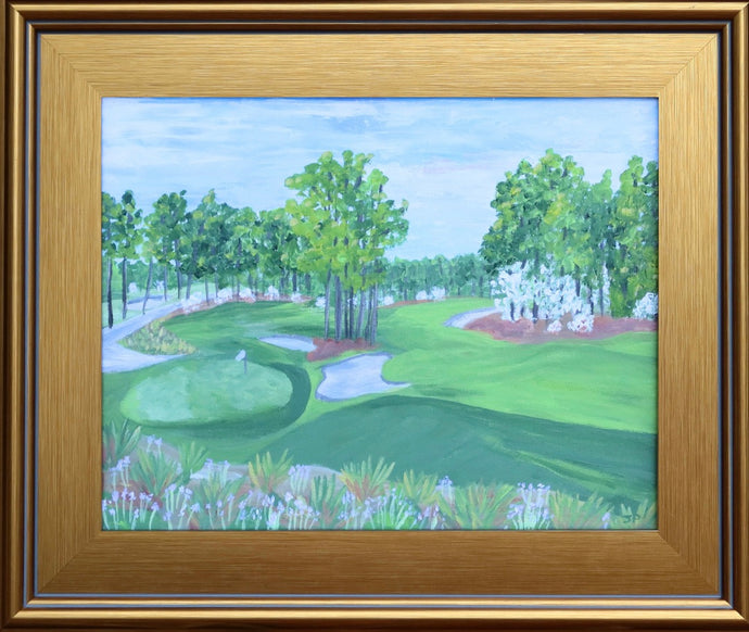 Pinehurst No. 2 is an original abstract landscape on canvas. This painting is of the 16th and 17th holes at Pinehurst Resort. It has the green grass, flowering trees and pine trees with ornamental grass in the front of the painting. This painting has shades of green, white, blue, brown, purple, yellow and tan. It comes in a gold plein aire frame.