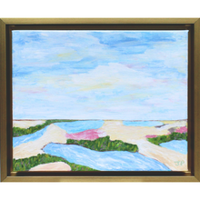 Load image into Gallery viewer, Carolina coast is an abstract coastal painting on canvas. This colorful beach inspired painting has shades of blue, white, yellow, pink, green, tan, and brown. It is a horizontal painting in a gold float frame.
