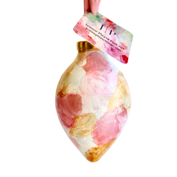Abstract Christmas Ornament. Hand painted original ornament with shades of pink, white and gold. This original work of art has a pink ribbon.