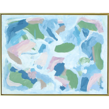 Load image into Gallery viewer, Large contemporary abstract artwork titled Celebrations with expressive painterly movement in shades of blue, light blue, green, blush, and white framed in gold.
