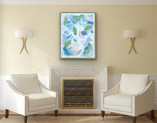 Load image into Gallery viewer, Original acrylic abstract painting designed for elevated interiors with blue and blush tones, textured brushwork, and a luxurious gold float frame.
