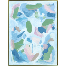 Load image into Gallery viewer, Celebrations original abstract painting on canvas in a gold float frame featuring layered brushstrokes in blue, green, blush, rose, white, and soft earth tones.
