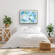 Load image into Gallery viewer, Designer-inspired abstract wall art titled Celebrations featuring sophisticated layered acrylic textures and modern color composition in a gold float frame.
