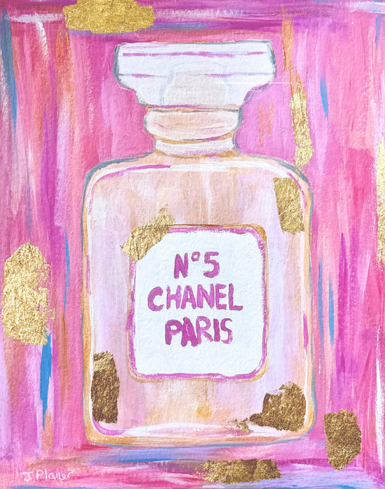 Pink Chanel painting on paper with gold leaf.  This colorful painting has shades of pink, white and gold with gold leaf. It is vertical and says Chanel No 5 Paris on it.