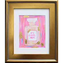 Load image into Gallery viewer, Pink Chanel painting on paper with gold leaf.  This colorful painting has shades of pink, white and gold with gold leaf. It is vertical and says Chanel No 5 Paris on it. This painting has a white mat and is a gold plein aire frame.
