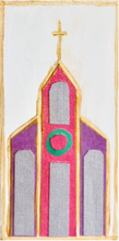 Load image into Gallery viewer, Whimsical mixed media church artwork on 3x6 inch gesso panel – shelf sitter style.  Original Christian collage with paint and paper cathedral design by Jeanne Player.
Faith-inspired tabletop art with painted sides, ready to display.Colorful and modern religious gift for Christian women and girls.
