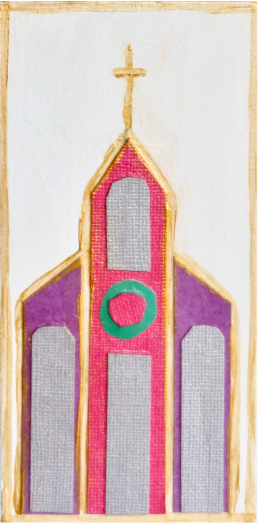 Whimsical mixed media church artwork on 3x6 inch gesso panel – shelf sitter style.  Original Christian collage with paint and paper cathedral design by Jeanne Player.
Faith-inspired tabletop art with painted sides, ready to display.Colorful and modern religious gift for Christian women and girls.