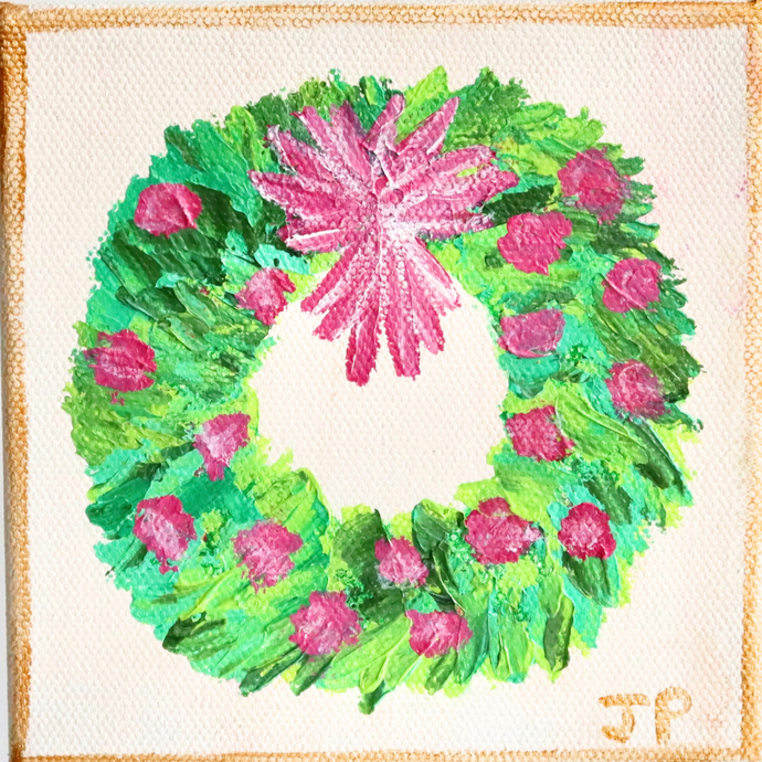 Preppy Christmas Wreath with pink balls  and a pink bow on a green wreath. This is a square painting on canvas. It is outlined in gold paint.