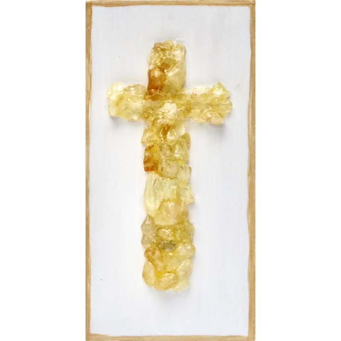 The Citrine Cross is an original artwok on a wood panel.  This beautiful cross  has citrine crystals attached. It is a vertical work of art.  Christian Cross Art