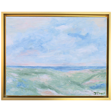 Load image into Gallery viewer, Coastal Calm is an abstract coastal landscape painting on canvas. This artwork has pastel shades of blue, green, pink, coral and white.  It  has a lot of texture and shows a green area leading down to the ocean. It is a horizontal painting in a gold float frame.
