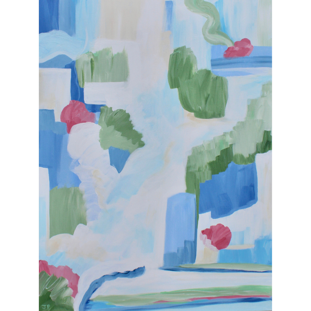 Coastal Blue 2, is an oversized coastal inspired abstract painting on canvas. This painting meaures 30 x 40 inches on a gallery wrapped canvas. It has happy  shades of green, blue, red, tan and white with touches of yellow.