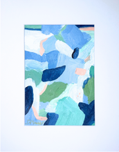 Load image into Gallery viewer, Coastal Daydream II colorful abstract painting featuring bold shades of blue, green, navy, white, and blush pink. Original 5x7 artwork on paper, signed in gold and shown matted to 8x10.

