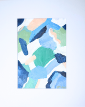 Load image into Gallery viewer, Original 5x7 abstract painting in shades of blue, green, teal, pink, blush, white, and navy. Artwork shown matted to 8x10, displayed horizontally on paper—modern, colorful, and ready to frame.
