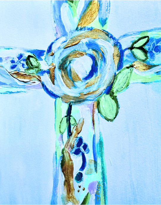 The Hope Cross is a colorful abstract floral cross with shades of blue, green, white and gold. It has a floral pattern. This is a vertical print. It would be beautiful in a girls bedroom, nursery, office, dorm room, apartment or anywhere you want Christian inspiration.