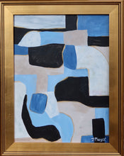 Load image into Gallery viewer, Colorful Modern Geometric Abstract art on canvas. This painting has shades of blue, white, black, gold and tan. It comes in a gold plein aire frame and is signed by the artist on the front. It is a vertical painting.
