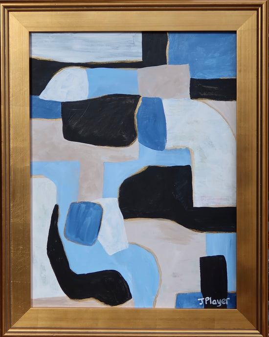 Colorful Modern Geometric Abstract art on canvas. This painting has shades of blue, white, black, gold and tan. It comes in a gold plein aire frame and is signed by the artist on the front. It is a vertical painting.