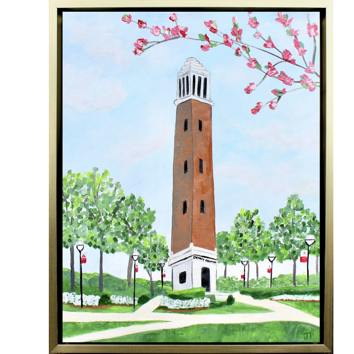 The University of Alabama's Belltower, Denny Chimes. This is an abstract landscape painting of the Belltower.  The belltower  has a brick center and is white at the top and bottom. It is pictured on The Quad with sidewalks, flowers, trees, shrubbery and blooming tree branches. You also see 6 lightpost. 