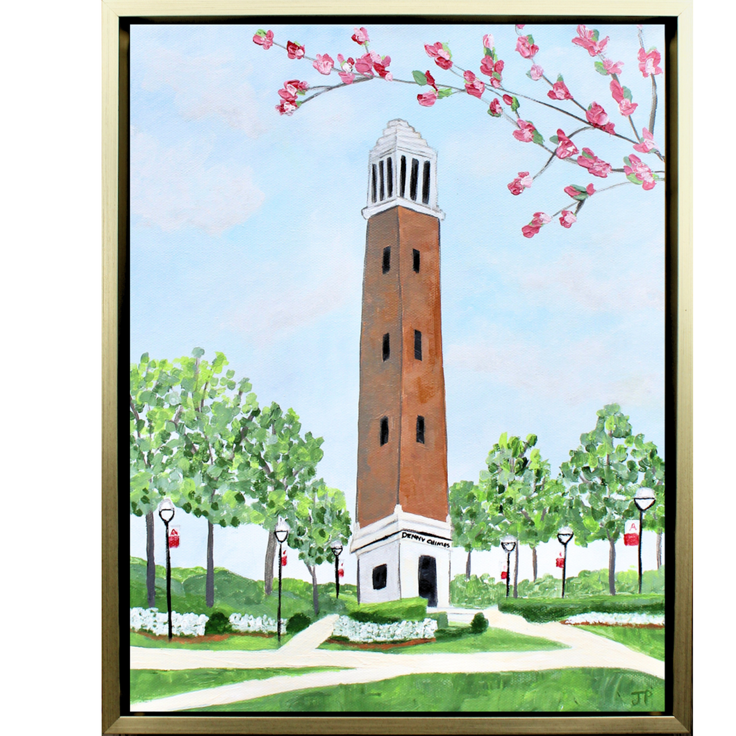 The University of Alabama's Belltower, Denny Chimes. This is an abstract landscape painting of the Belltower.  The belltower  has a brick center and is white at the top and bottom. It is pictured on The Quad with sidewalks, flowers, trees, shrubbery and blooming tree branches. You also see 6 light post. 