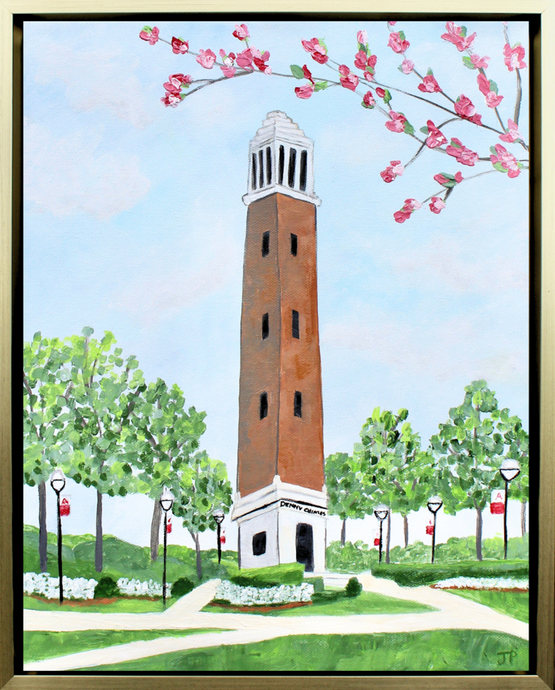 1x14 inch fine art giclée print of Denny Chimes bell tower at the University of Alabama, featuring impressionistic textures by artist Jeanne Player.