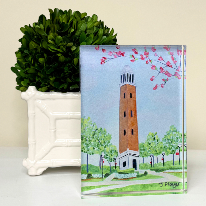Denny Chimes acrylic block featuring an original painting of the University of Alabama landmark, displayed as a freestanding shelf sitter.