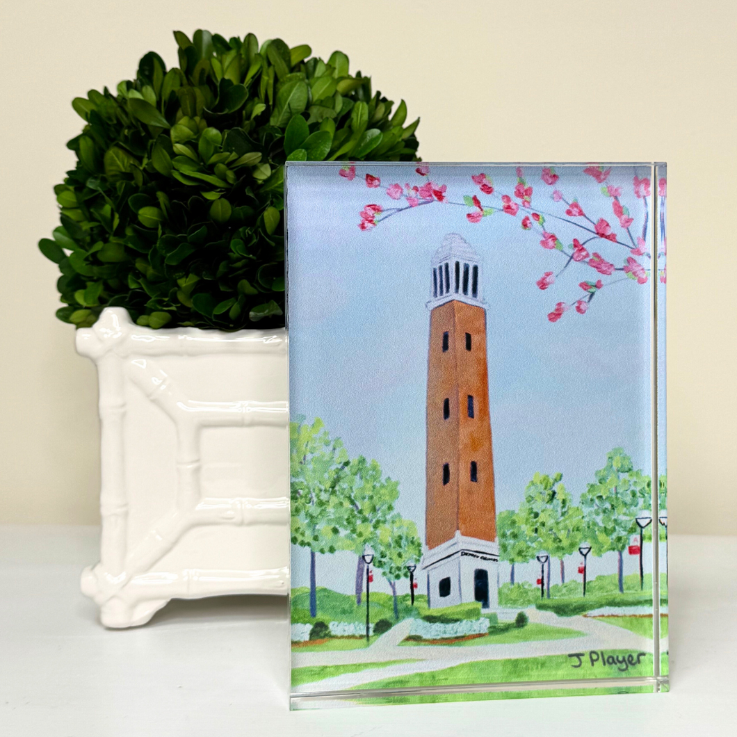 Denny Chimes acrylic block featuring an original painting of the University of Alabama landmark, displayed as a freestanding shelf sitter.