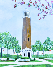 Load image into Gallery viewer, The University of Alabama Denny Chimes Giclee Art Print. This is a vertical print of the iconic landmark at the center of campus. It is surrounded by trees, alabama flags and flowers.
