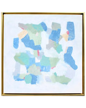 Load image into Gallery viewer, An original coastal inspired abstract painting with shades of blue, green ,gray, tan, and red. This is a square painting with a gold float frame.
