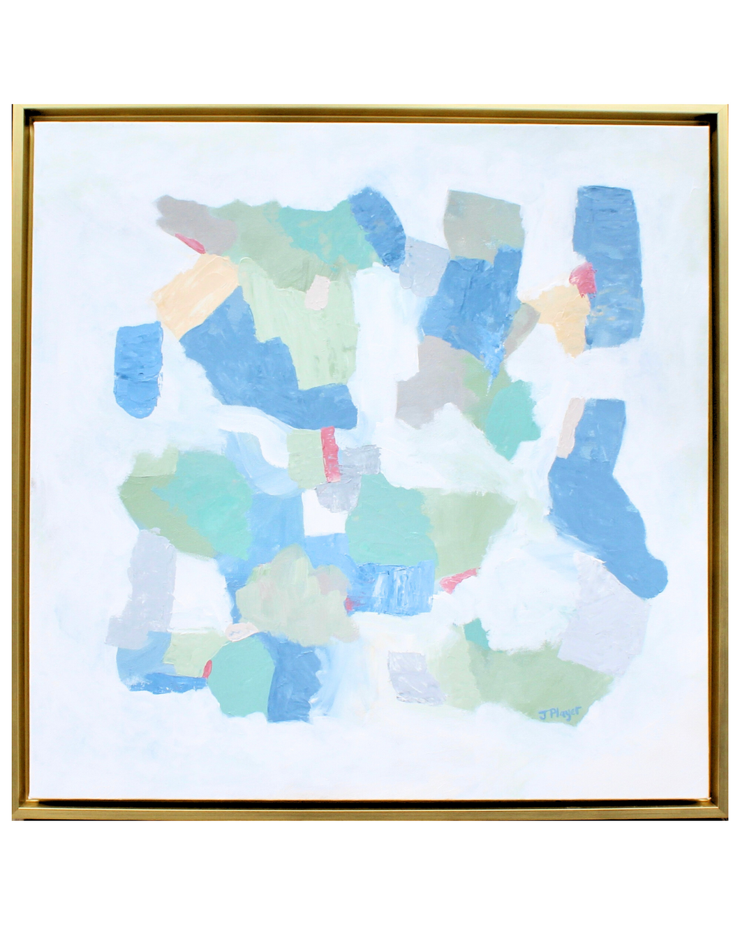 An original coastal inspired abstract painting with shades of blue, green ,gray, tan, and red. This is a square painting with a gold float frame.