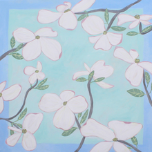 Load image into Gallery viewer, Dogwoods an abstract floral painting on a square 36 x 36 inch gallery wrapped canvas.This painting has white dogwoods with lilac and pink edges and yellow centers with green leaves and brown branches. It is on a background of a square on green over a square of blue that goes to the edges of the canvas.
