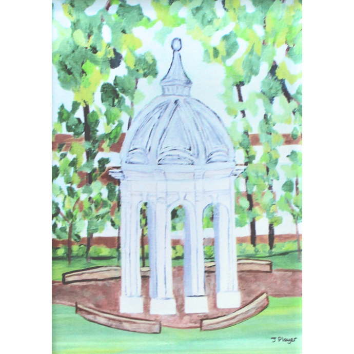 ECU Acrylic Block Art Print is a vertical painting of the ECU Copula on East Carolinas campus. This painting has shades of green, blue, brown, white and gray. It is a vertical free-standing acrylilc block shelf sitter.