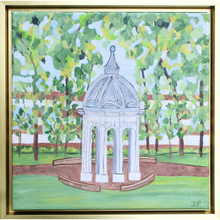 Load image into Gallery viewer, ECU Cupola is an original artwork on canvas. This square painting has shades of gray, brown, green, blue, white and yellow. It features the East Carolina University Cupola on a grassy quad with the brick pathway. In the background are trees and a university building.
